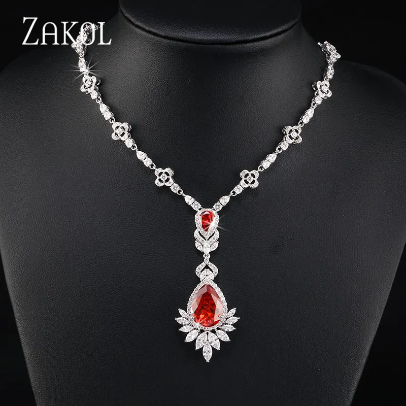 Red Necklaces ZAKOL высокое качество большая капля синий кубический цирконий лист серьги ожерелье набор украшений для женщин свадебное вечернее платье FSSP2014 - Окраска металла: Red Necklaces