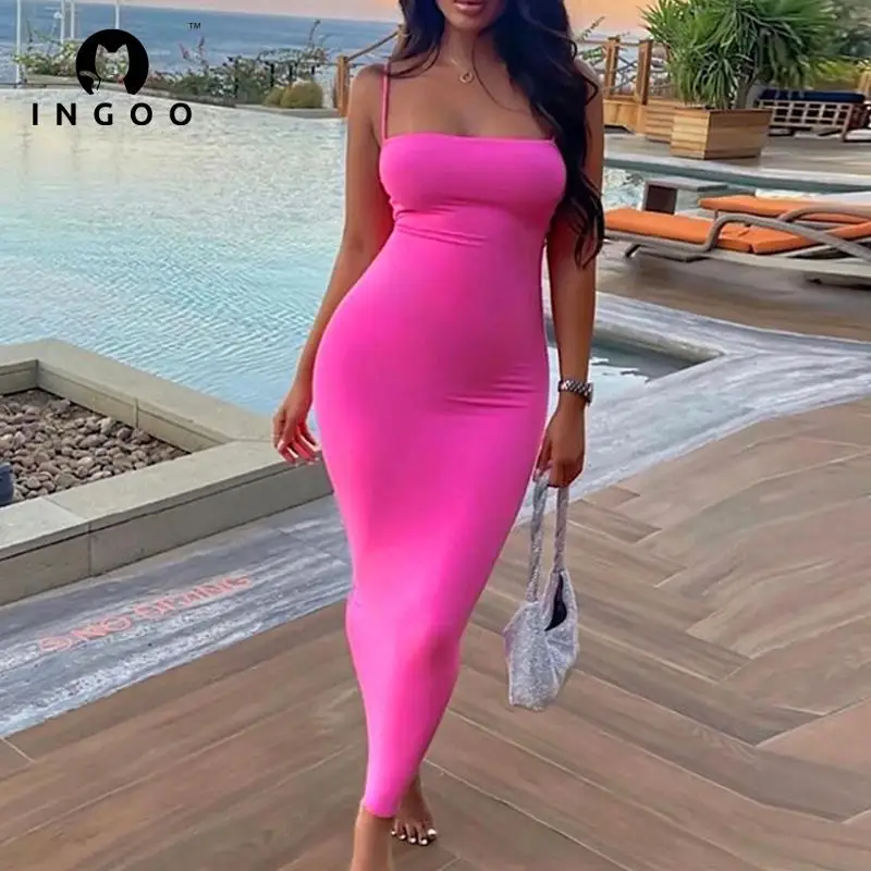 

INGOO Spaghetti Strap Backless Sexy Tube Top Long Dress Women Sleeveless Elegant Party Bodycon Dresses Solid Sheath Club Outfits