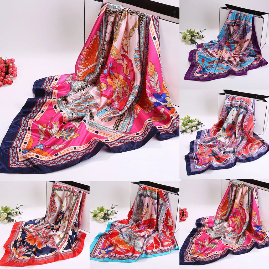 Шелковые шарфы для женщин с принтом перьев атласные хиджаб квадратной головкой