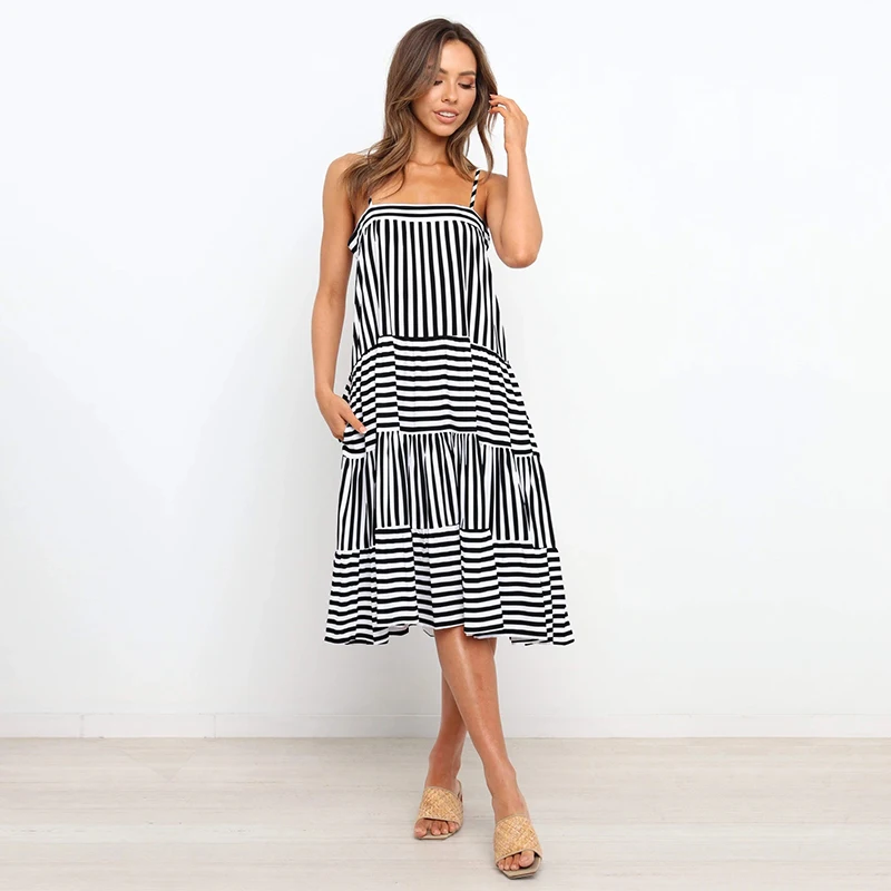 

Loose Striped Spaghetti Strap Dress Women 2021 New Spring Summer Patchwork Backless Medium Long Ladies Sling Dress