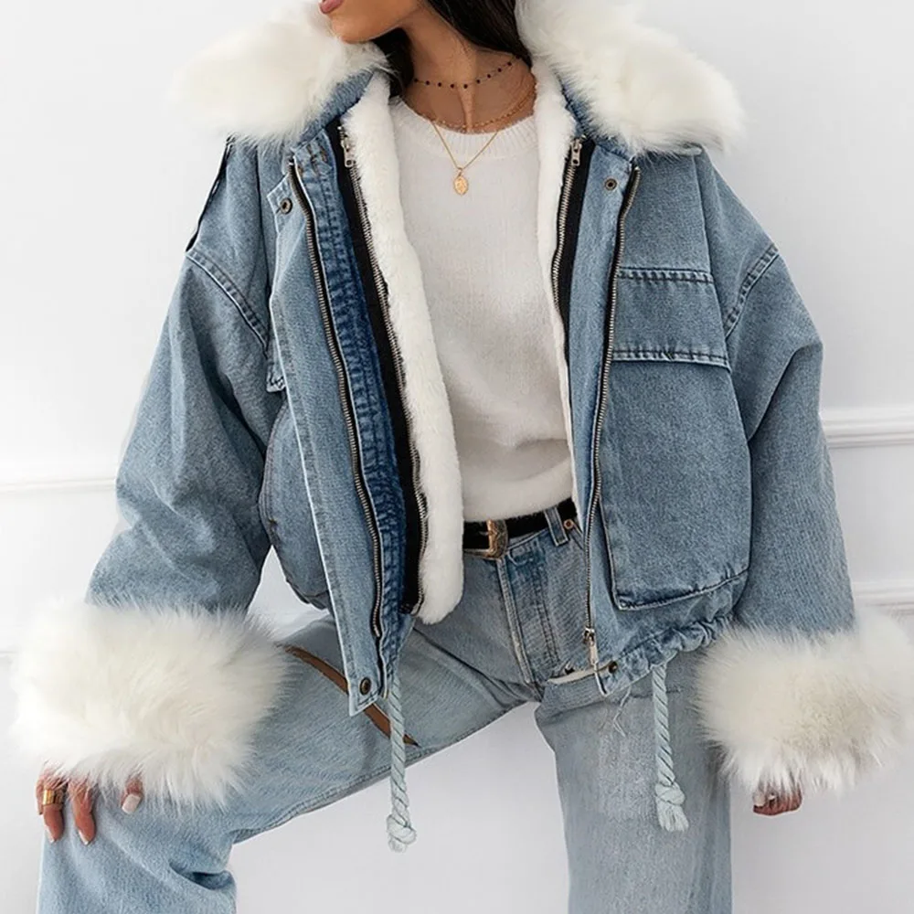 Куртка женская джинсовая с длинным рукавом повседневная короткая утепленная