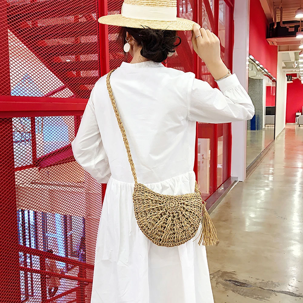 

Women Retro Handwoven Shoulder Handbag Round Rattan Crossbody Bag Ladies Storage Straw Totes Bag For Female Organizer Case Purse