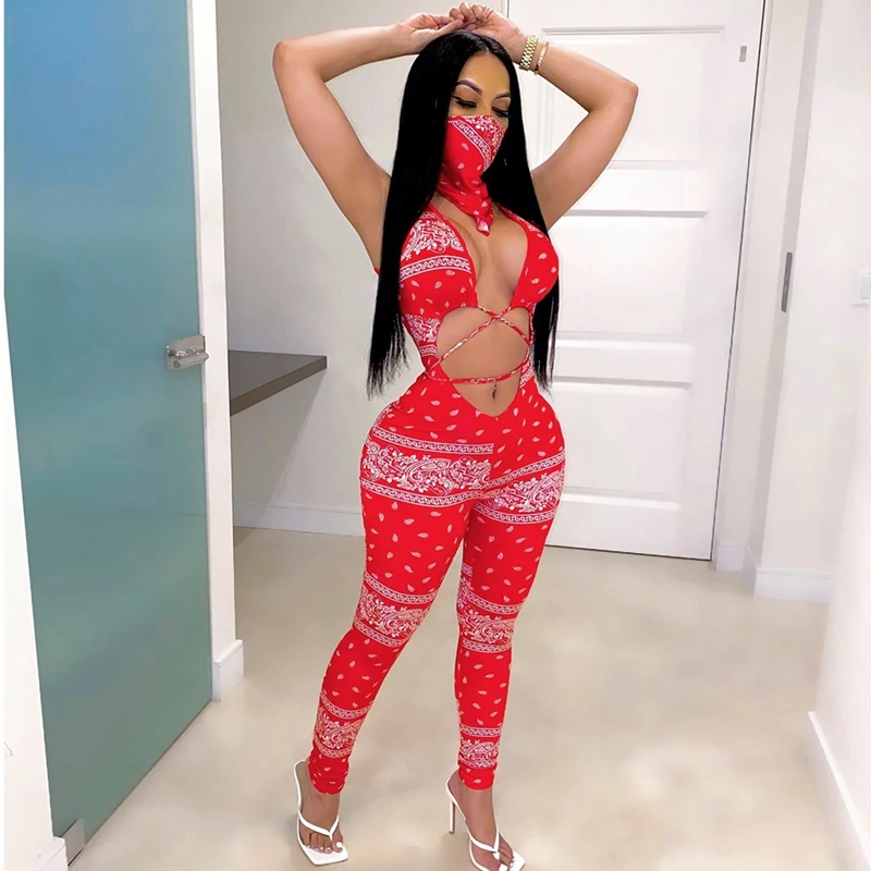 

Women Sport Sexy Party Club Bandanna Print Cut Out Front Bodycon Jumpsuit with Face Towel Two Piece Set Red S