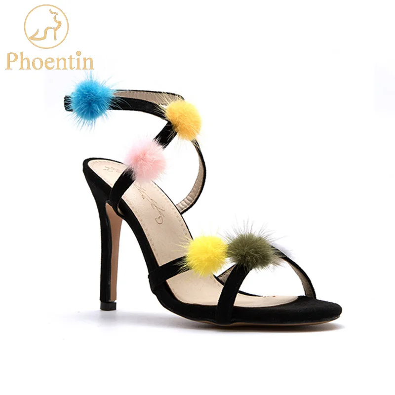 Женские босоножки Phoentin разноцветные из меха норки на очень тонких высоких