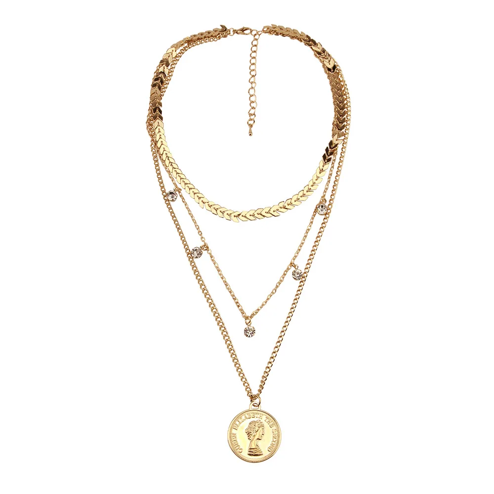 Многослойное ожерелье цепочка с кулоном Дева Мария кристаллами золотого цвета