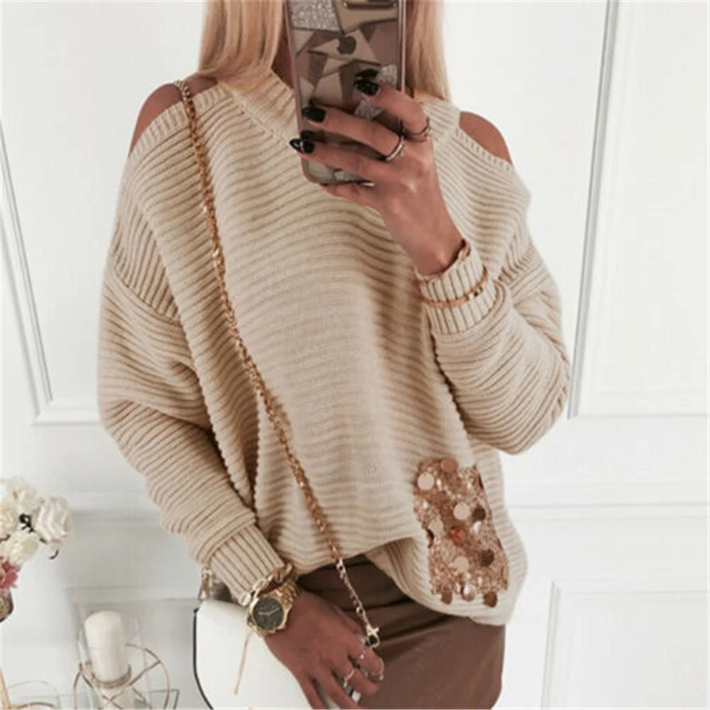 Модные женские осенние пуловеры с открытыми плечами свитер длинным рукавом