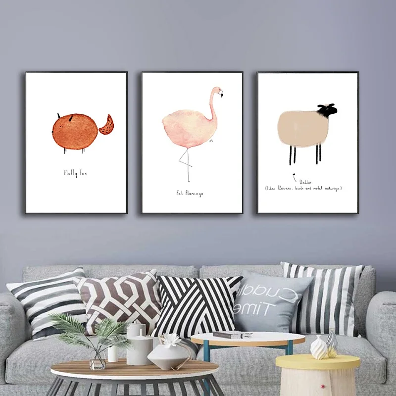 

Cartoon Watercolor Fat Flamingo Fox on Cavans Painting Lovely Sheep Chick Decoration Poster Simple Minimalist Decor O928