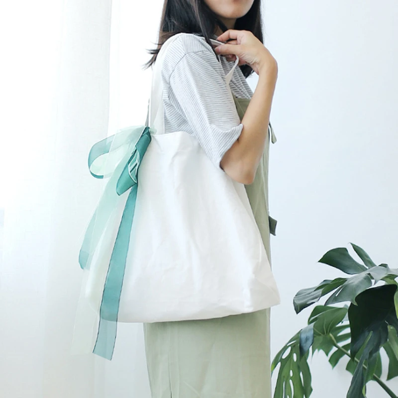 

Women Canvas Tote Bag Ladies Duty Cotton Environmental Shopping Bags Small Fresh Bowknot Shoulder Cloth Bags