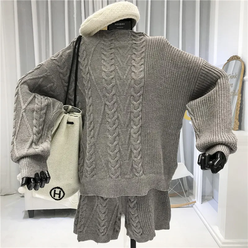 ALPHALMODA, зимний женский модный Свободный пуловер, Ретро стиль, твист, толстый свитер+ шорты, вязанный двухсекционный костюм, Одноцветный, Хит, Короткие комплекты