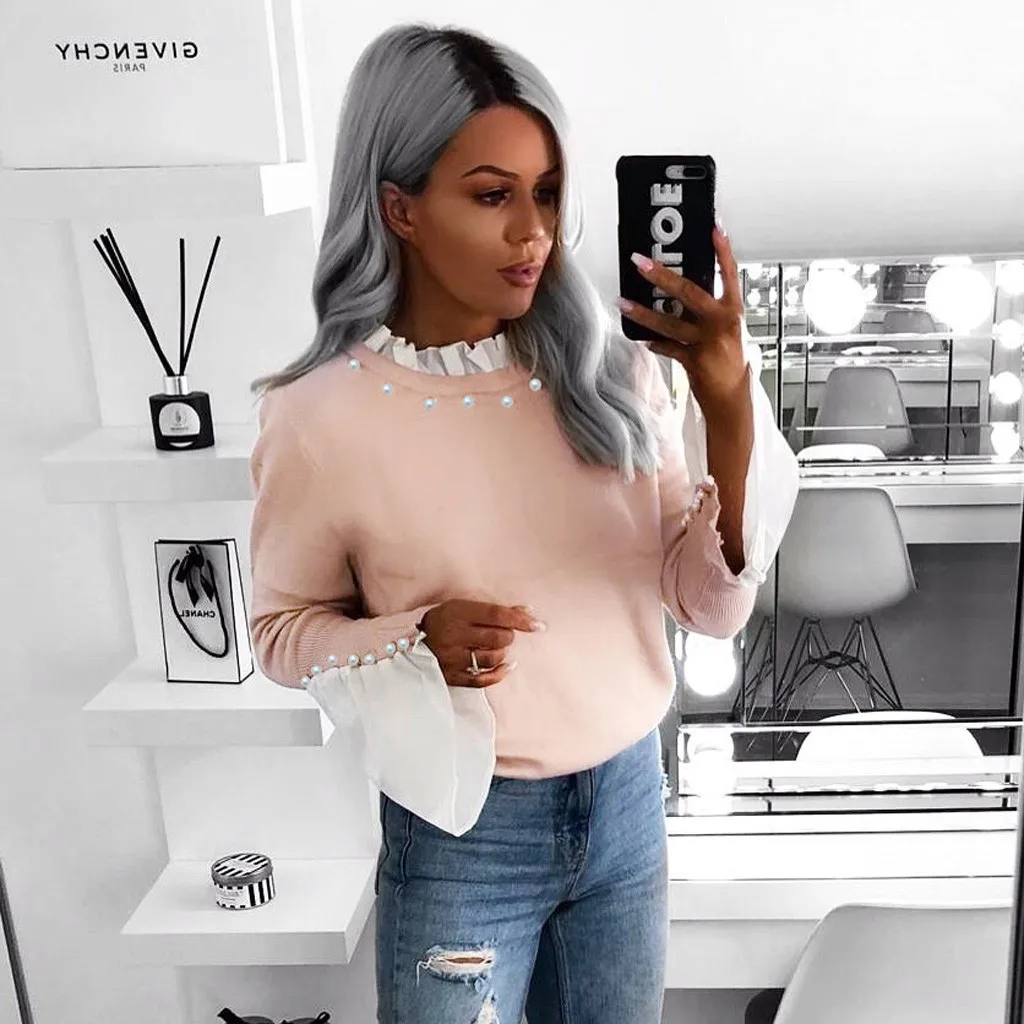 Модная блузка с жемчужинами и оборками расклешенными рукавами в стиле пэчворк