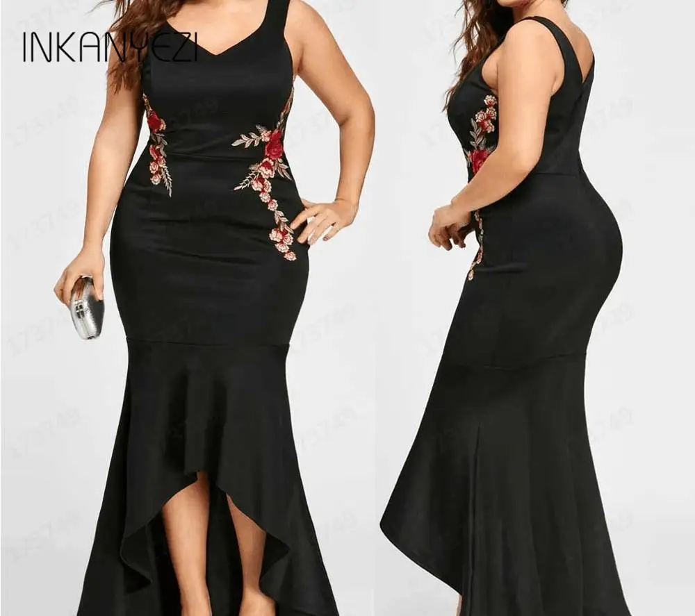 Вышивка розы Русалка размера плюс 5XL платье Макси сексуальное черное с v образным