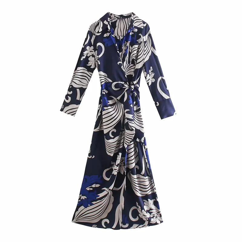 

Nlzgmsj Za Women 2021 Chic Fashion With Sashes Pleated Print Midi Dress Vintage Long Sleeve Vents Hem Female Dresses 202108