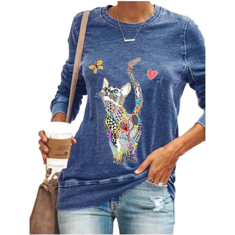 

Cute Cat Print Casual Women T-shirt Long Sleeve Plus Size Autumn New Cartoon Tees Women's 3XL 4XL 5XL Blue Black Shirts Femme