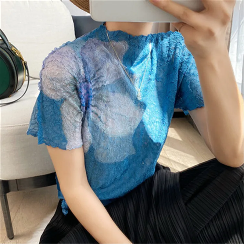 

Miyake pleated top women's summer fashion and comfortable heavy industry embossed printed t-shirt short-sleeved bottoming shirt