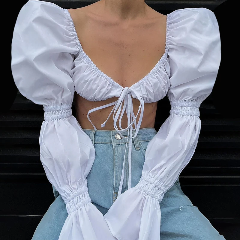 

Ladies Autumn Sexy Midriff-baring Tops Leisure Style Solid Color V-neck Chest Tie Up Long Puff Sleeve Blouse Slim Base Shirt