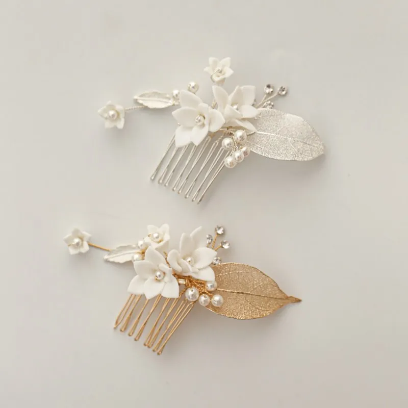 Женская небольшая гребень для волос с жемчугом белый фарфоровый цветок