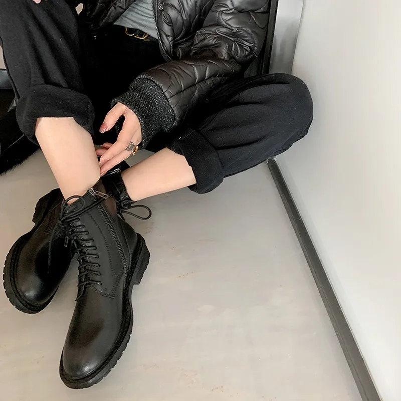 

FEDONAS vintage motorcycle boots ccross tied genuine leather chunky platform heels shoes woman winter night club ankle boots