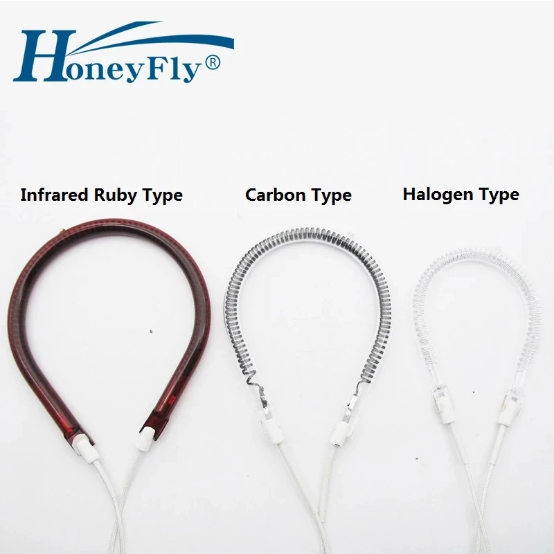 HoneyFly-Lámpara de calentador infrarrojo en forma de U, 220V, 600W, 900W, 1000W, 1200W, halógena de carbono, tubo de calefacción, cuarzo de secado Rubí