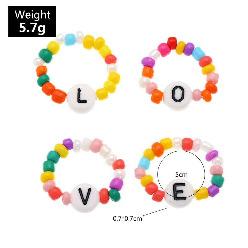 

4pcs/set Fashion Lovely Summer Korean Colorful Beads Butterfly Flowers Love Letter Rings for Women Party Vacation Jewelry Gifts