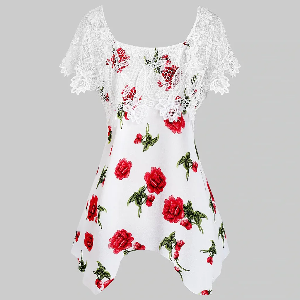 

Plus Size Fashion Lace Floral Blouse Shirt Bandage Tunic Tops Casual Summer Ladies Female Women Short Sleeve Blusas Pullover