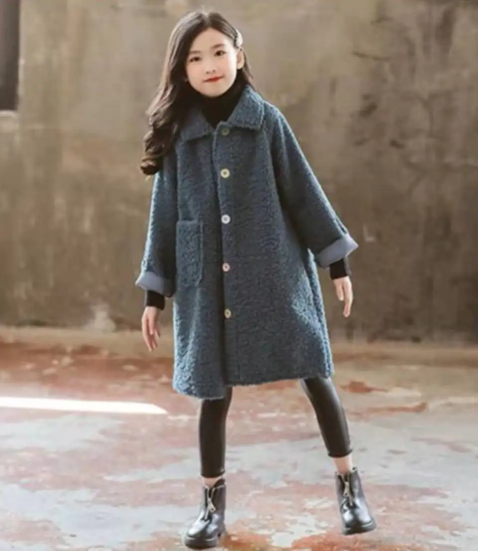 Solid Color Autumn&Winter Girls Coats Cute Fashion Long Sleeve Thick Children Outerwear Kids Girl Jackets Long Girl Winter Coat