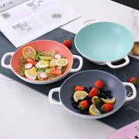 creative nordic ceramic sesame matte glaze binaural baking plate fruit salad deep breakfast plate snack pink blue green bowl