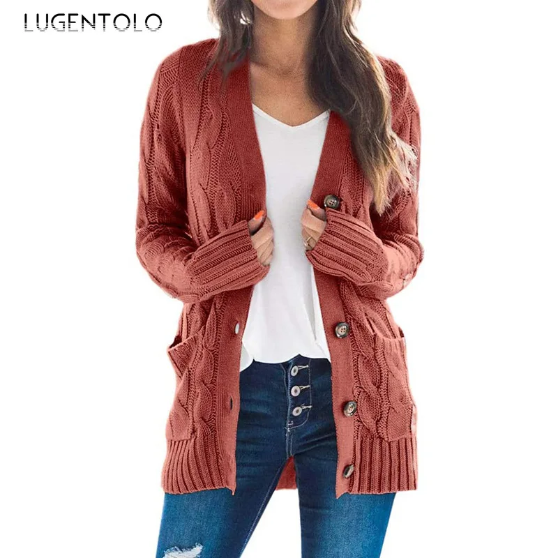 

Women Cardigan Sweater Autumn Winter Female Casual Twist Sweaters Solid Color Single-breasted Loose Knitted Sweater Lugentolo