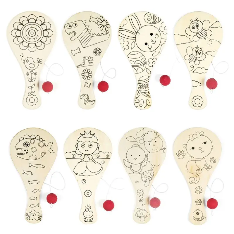 

9pcs/set Hand-painted Wooden Racket Ball DIY Craft Cartoon Painting Graffiti Toy R9JD