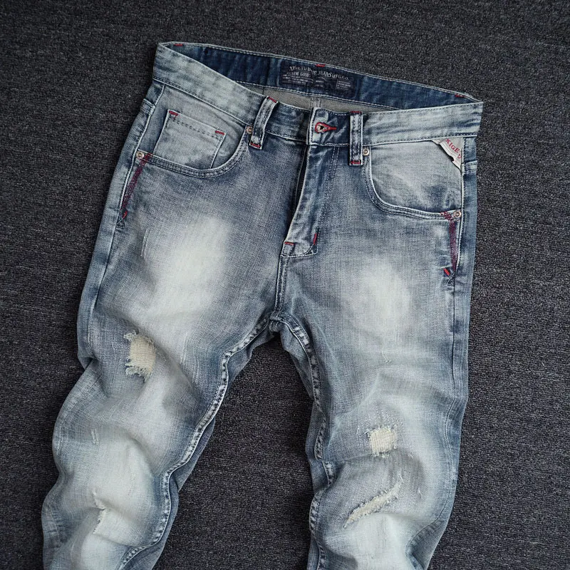 European Vintage Fashion Men Jeans Retro Light Blue Elastic Slim Fit Ripped Jeans Men Patchwork Designer Casual Denim Pants