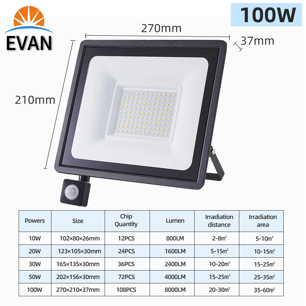 Уличный светодиодный прожектор с пассивным ИК датчиком движения 220 В 100 Вт 50