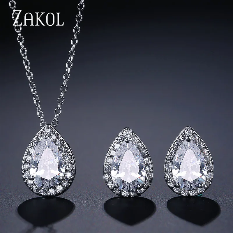 White Color ZAKOL нигерийские Ювелирные наборы в виде белых капель воды модные каплевидные кубические циркония ювелирные изделия для женщин подружек невесты Помолвочные FSSP267 - Окраска металла: White Color