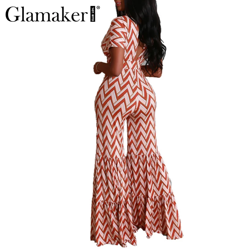 Glamaker Geometric pink sexy long jumpsuit romper Women summer wide leg backless deep v neck Fashion elegant playsuit |