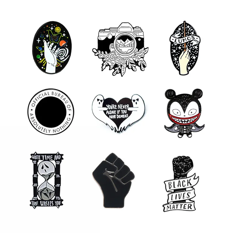 Black white colour Gothic badge jewelry ghost heart skull bat fist Camera hourglass Magic hand circular Enamel Brooch Lapel Pin | Украшения
