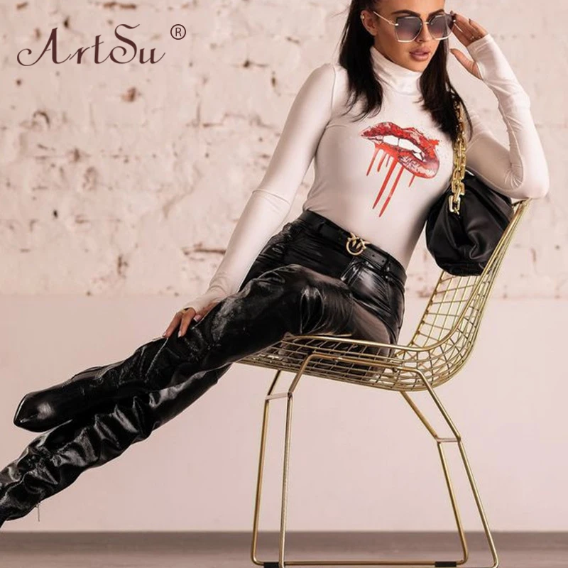 

ArtSu 2020 Winter Long Sleeve Red Lips Print Fashion Bodysuits Women Skinny Bodycon Turtleneck Black White Bodysuit Streetwear