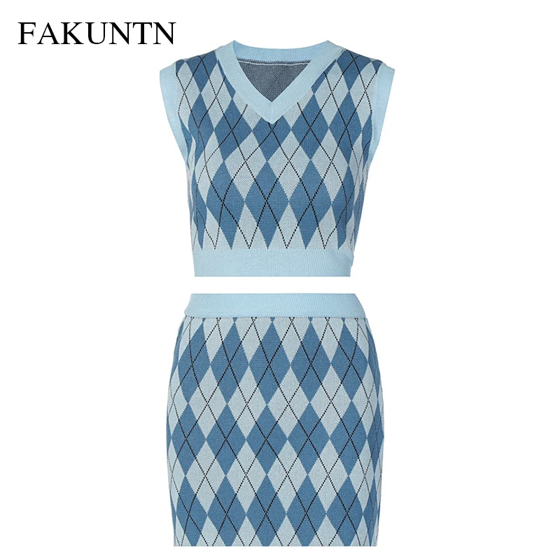 

FAKUNTN Y2k Two Piece Set Women Outfits Fashion Casual Plaid Knitted Mini High Waist Skirt And Knitted Sleeveless Vest Women Set