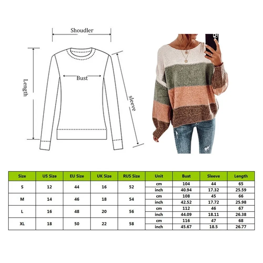 

Women Striped Sweater Autumn Winter O Neck Long Sleeve Sweater Loose Knit Pullover Patchwork Pull Femme Jersey Mujer