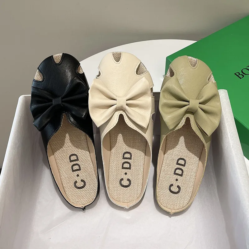 

Flat Shoes Female Slippers Casual Cover Toe Slipers Women Butterfly-Knot Slides Luxury Soft 2021 Summer Basic PU Butterfly-knot