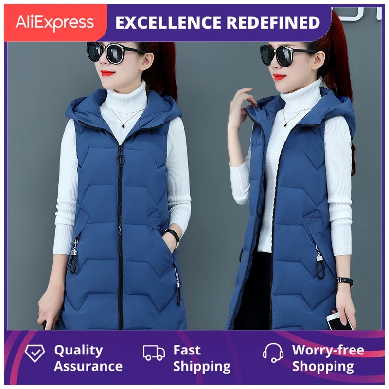 

Модный новый осенне-зимний длинный хлопковый жилет, Женская куртка, корейское пальто без рукавов с капюшоном, облегающий Теплый Женский жил...