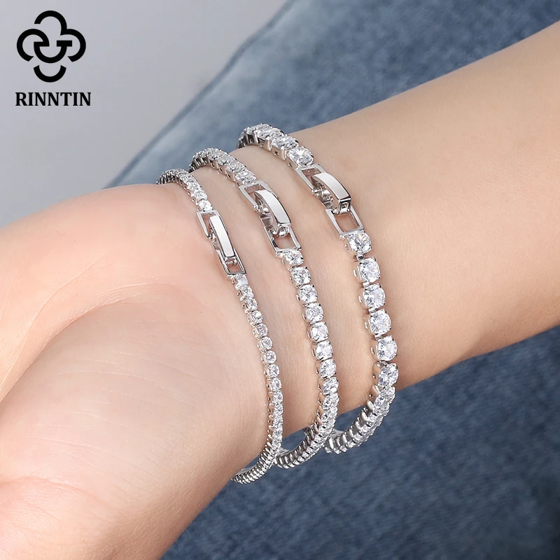 Rinntin реального 925 стерлинговый Серебряный браслет для тенниса женщин с Циркон