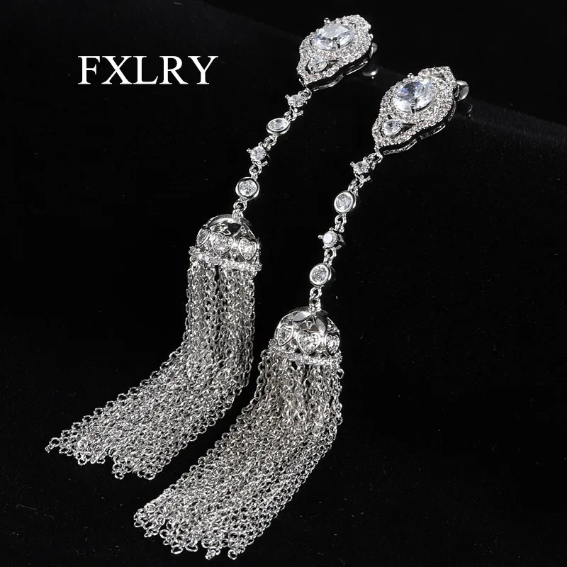 

FXLRY High Quality White Color Cubic Zircon Long Exaggerated Lantern Tassel Drop Earrings For Women Wedding Fashion Jewelry
