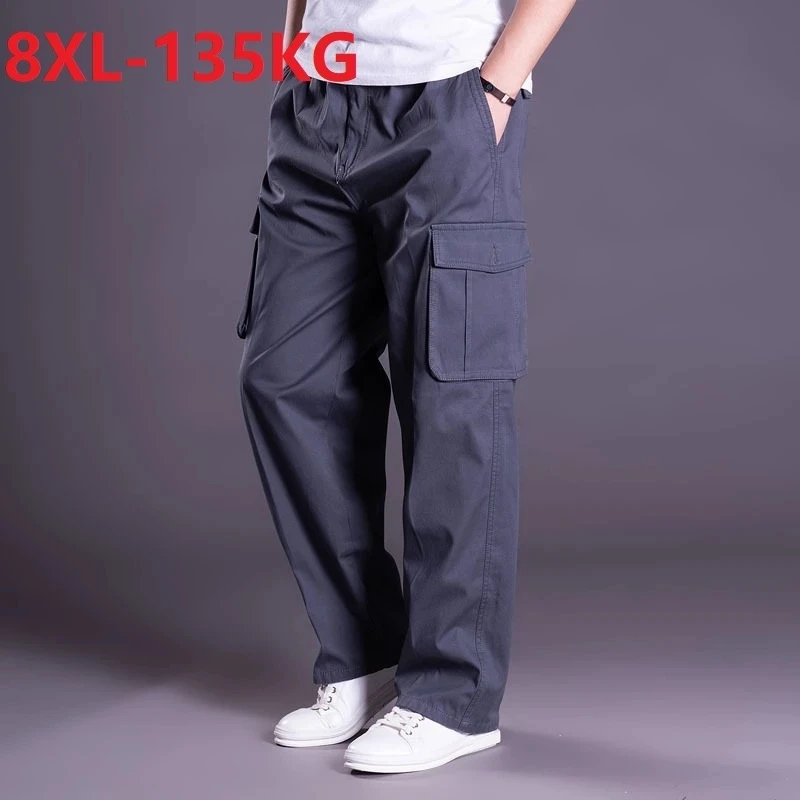 

Size 8XL 135KG Spring Winter Thick Men Cargo Pants Safari Style Pockets Pants Out Door Straight Green Loose Big Cotton Pants