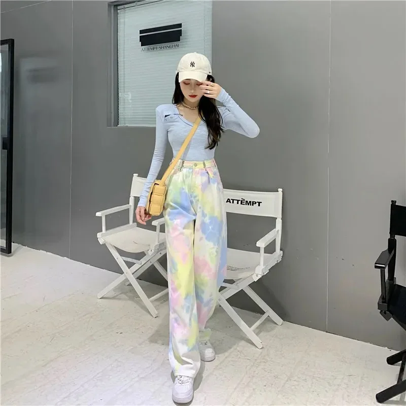 

Rainbow Thin Denim Wide Leg Pants Women's 2021 Summer Hong Kong Style High Waist Drape Straight Leg Loose Pants