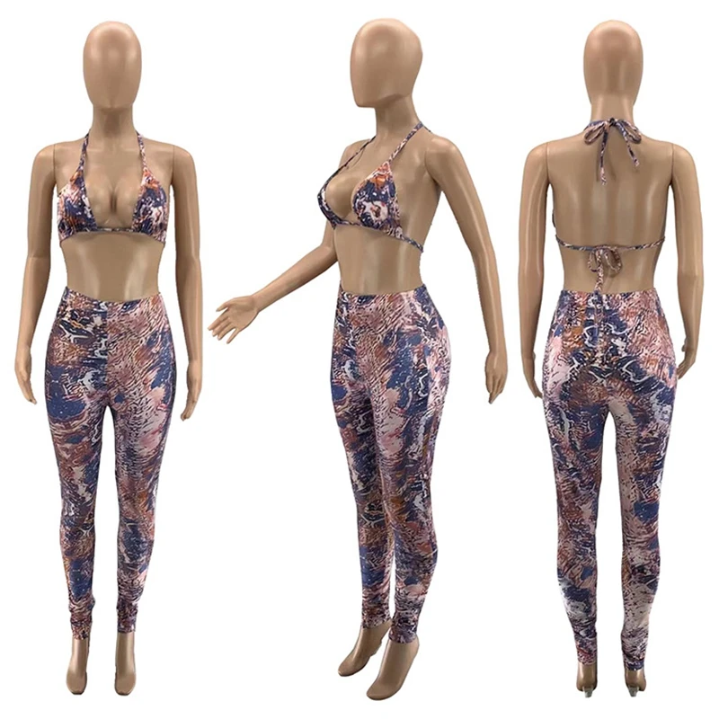 

Summer Clothing Two Piece Set Women Printed Sling Sexy Corset Top Pant Suits Vacation Outfit Lounge Wear Streetwear Wholesale