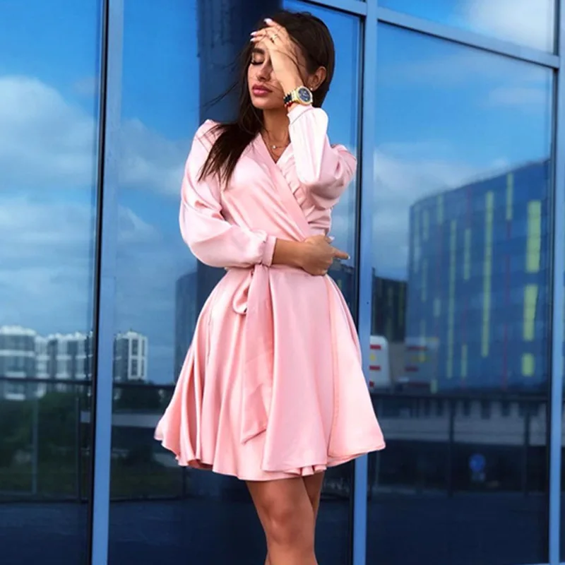 Сексуальное платье с v образным вырезом темпераментное длинными рукавами