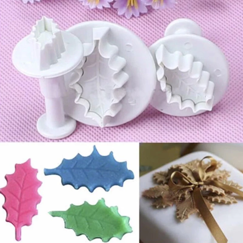 

3 Pcs/Set 3D Christmas Holly Leaf Leaves Cookie Plunger Cutter Fondant Sugarcraft Mold Cake Decoration Mould Baking Tools