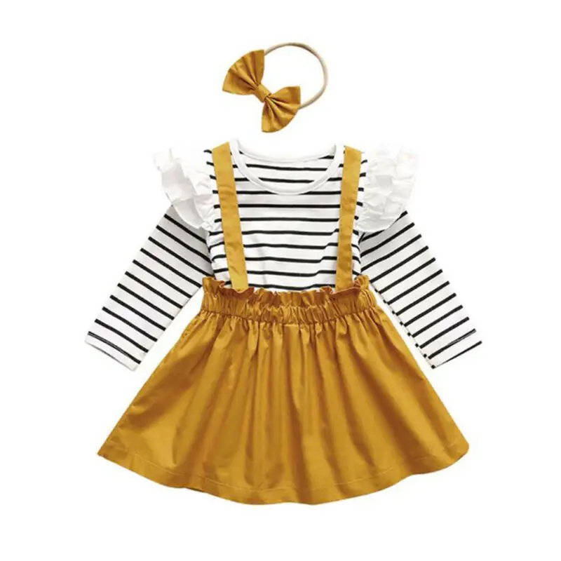 

Children Toddler Outfits 3pcs Girls Long Sleeve Tops Suspender Skirt Headband Sets
