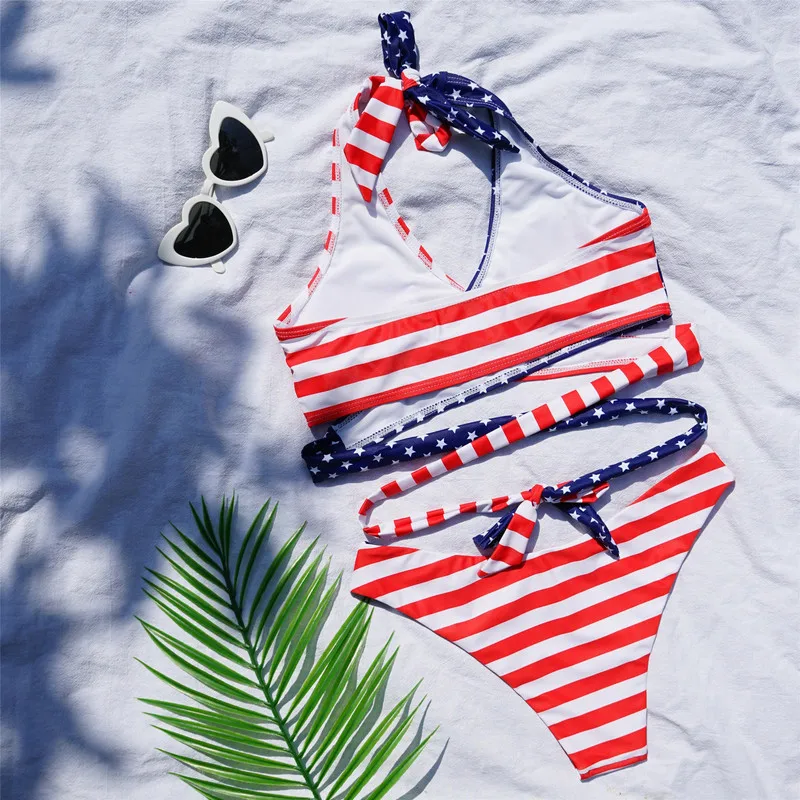 Сексуальный бандажный купальник бикини Американский флаг стринги Для женщин 2020