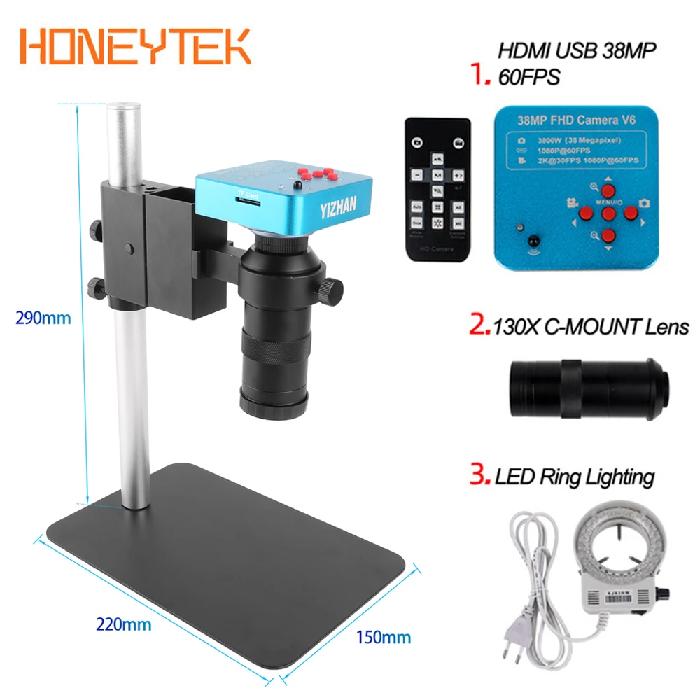 Новый 1080P HDMI VGA Цифровые микроскопы для электронного пайка 130X 38MP микроскоп Камера