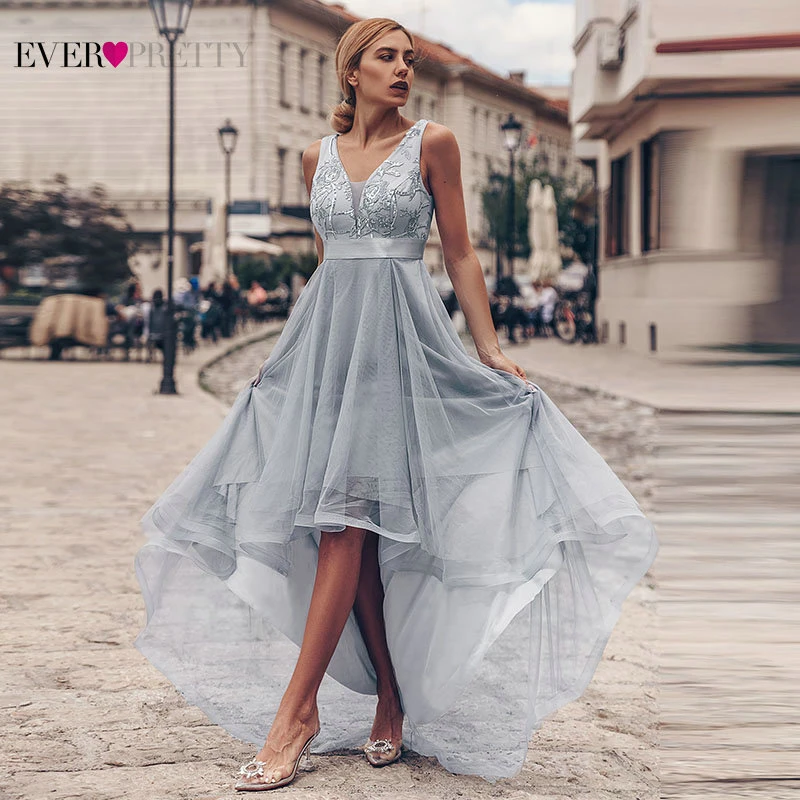 Вечерние асимметричные платья Ever Pretty серое фатиновое длинное платье с блестками