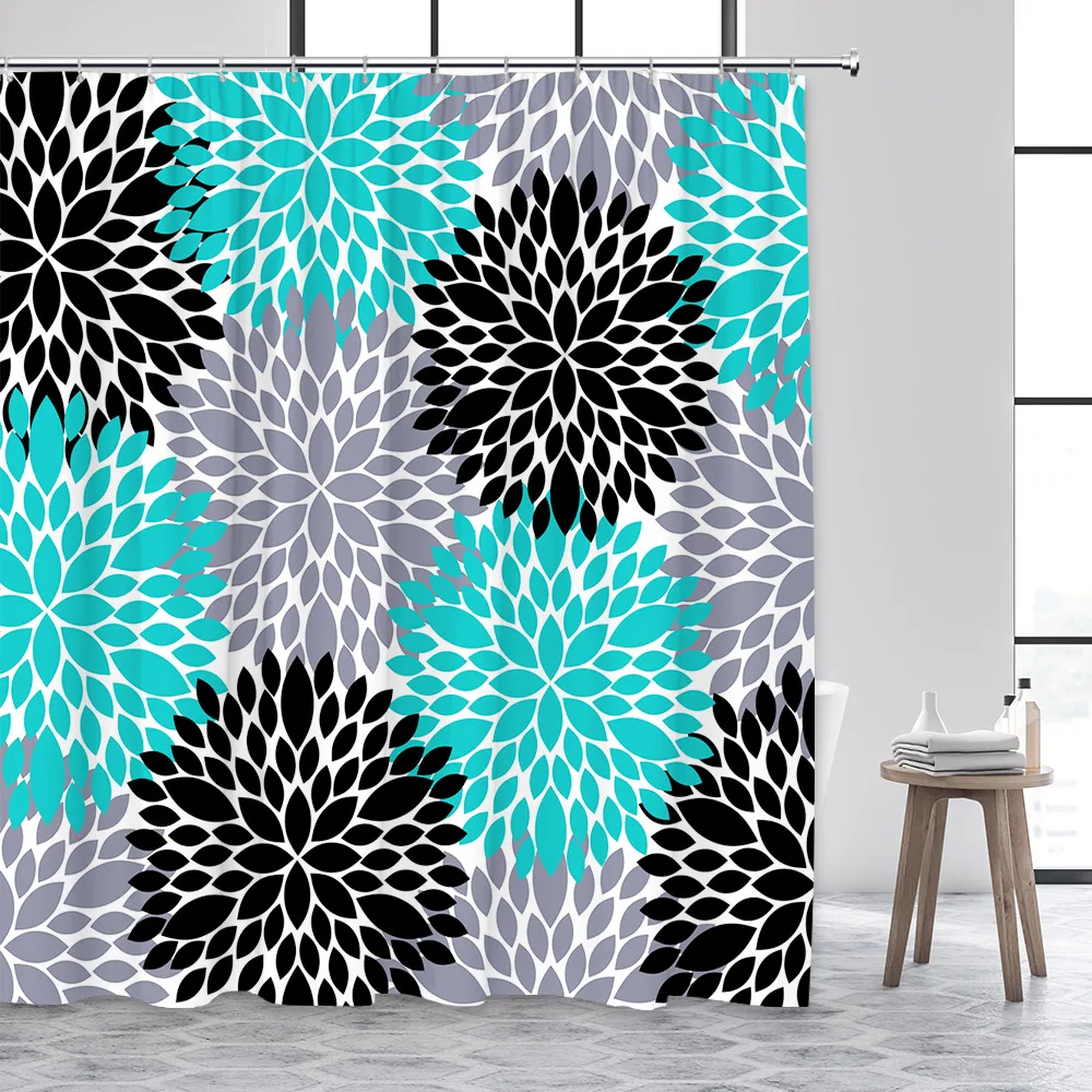 

Turquoise Shower Curtains Waterproof Polyester Fabric Bathroom Curtain Abstract Dahlia Flowers Print Decor with Hooks Black Grey
